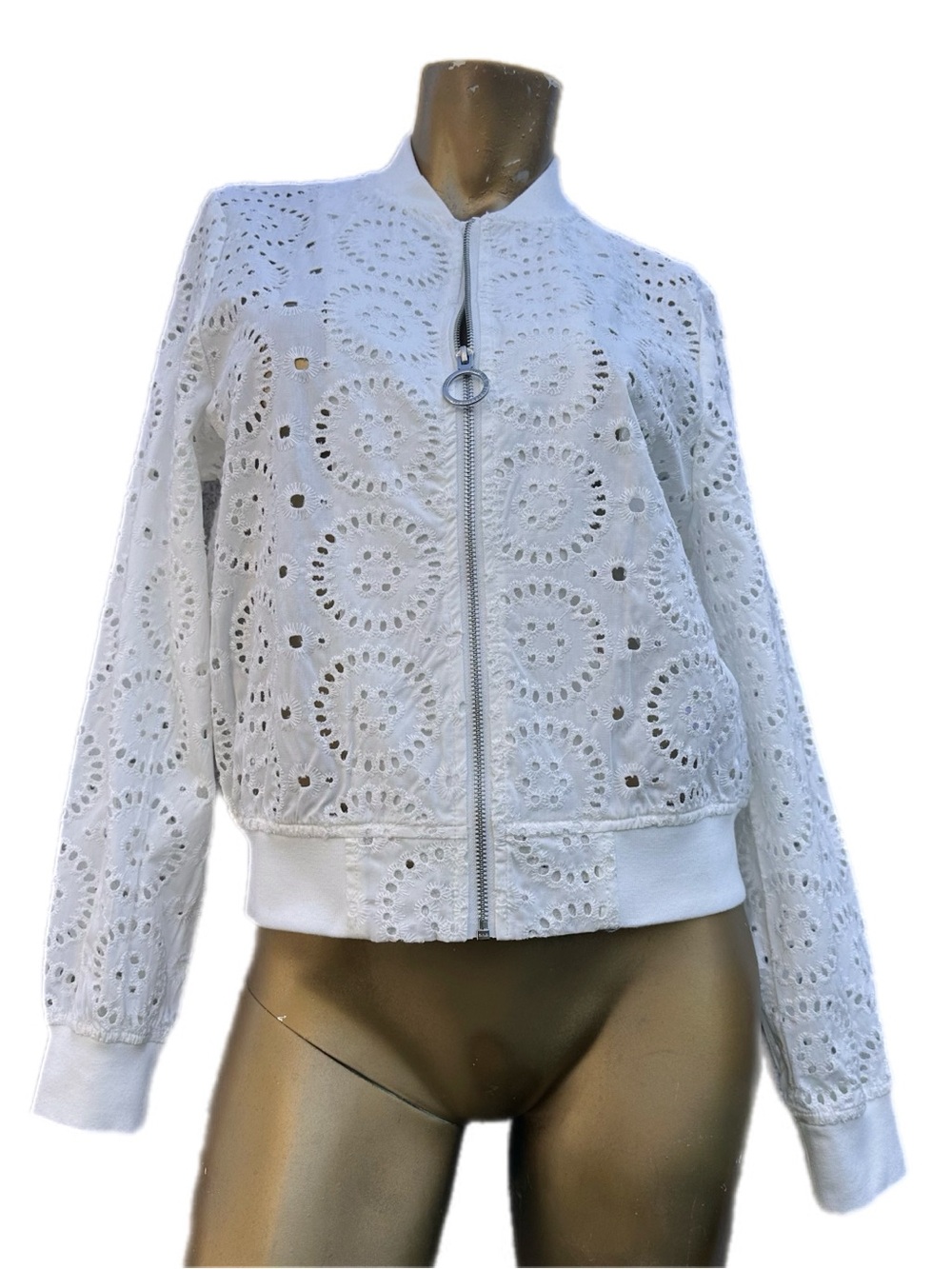 Zhrill NWT Women's Bomber Jacket, Cotton Embroidered Lace, White Size M